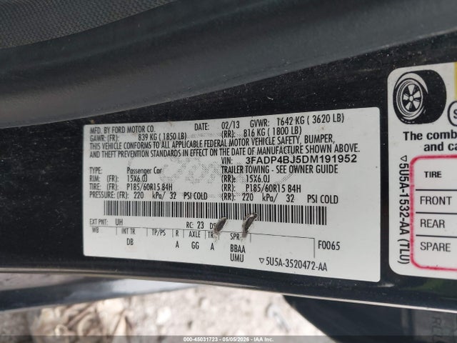 45031723 :رقم المزاد ، 3FADP4BJ5DM191952 vin ، 2013 Ford Fiesta Se مزاد بيع