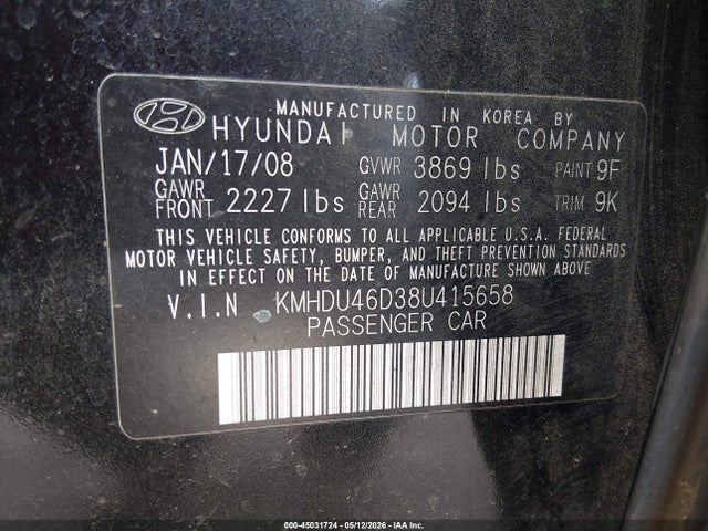 45031724 :رقم المزاد ، KMHDU46D38U415658 vin ، 2008 Hyundai Elantra Gls/se مزاد بيع