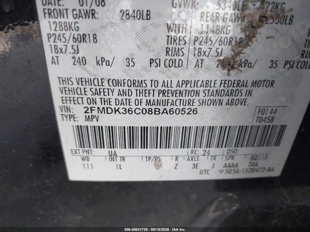 Aukcja sprzedaży 2008 Ford Edge Se, vin: 2FMDK36C08BA60526, numer aukcji: 45031735