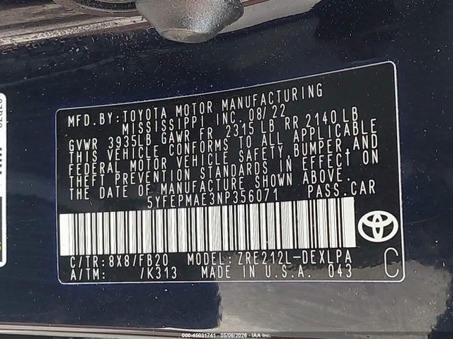 45031741 :رقم المزاد ، 5YFEPMAE3NP356071 vin ، 2022 Toyota Corolla Le مزاد بيع