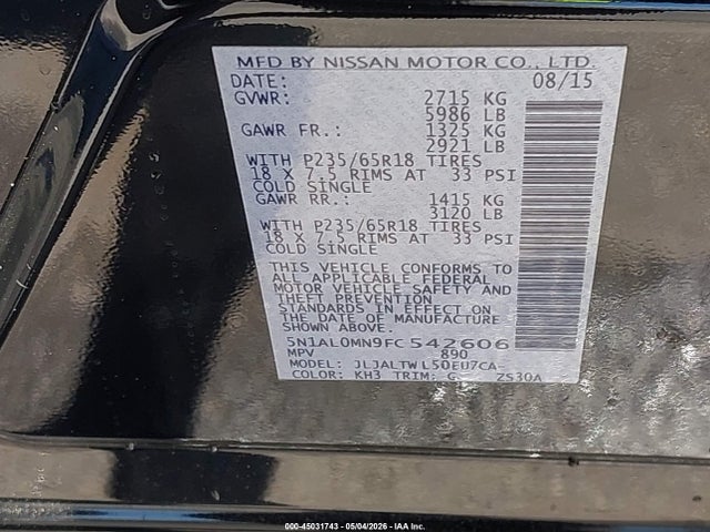 Продаж на аукціоні авто 2015 Infiniti Qx60, vin: 5N1AL0MN9FC542606, номер лоту: 45031743