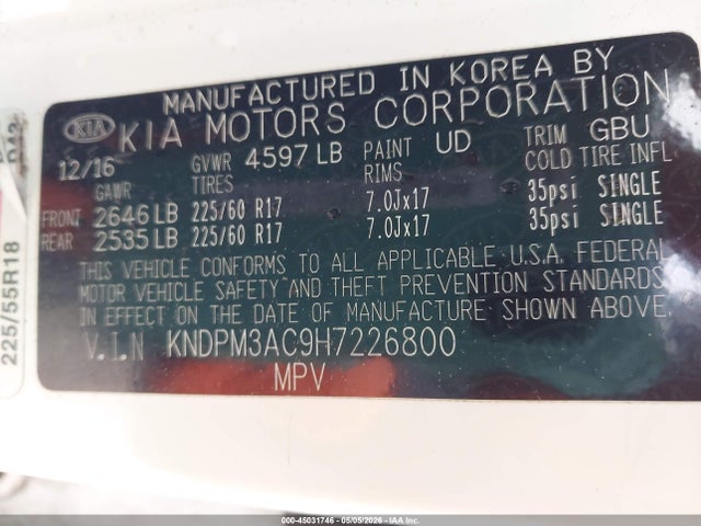 45031746 :رقم المزاد ، KNDPM3AC9H7226800 vin ، 2017 Kia Sportage Lx مزاد بيع