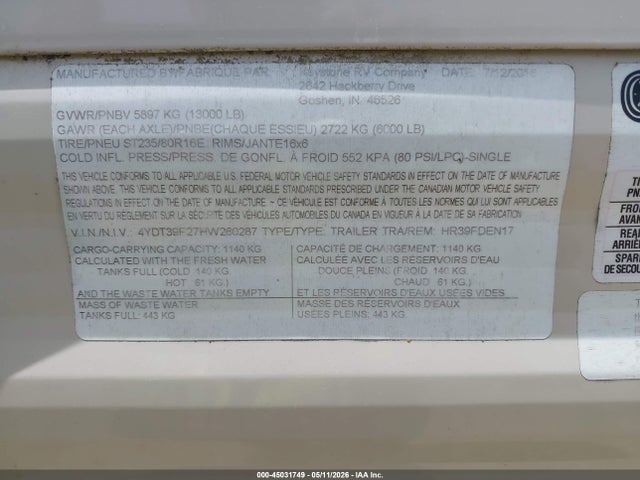 Keystone Rv Other 2017 4YDT39F27HW260287 Image 9