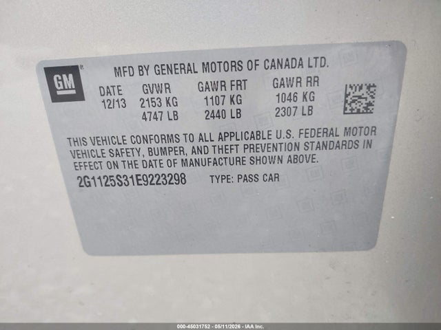 2014 Chevrolet Impala 2lt მანქანა იყიდება აუქციონზე, vin: 2G1125S31E9223298, აუქციონის ნომერი: 45031752