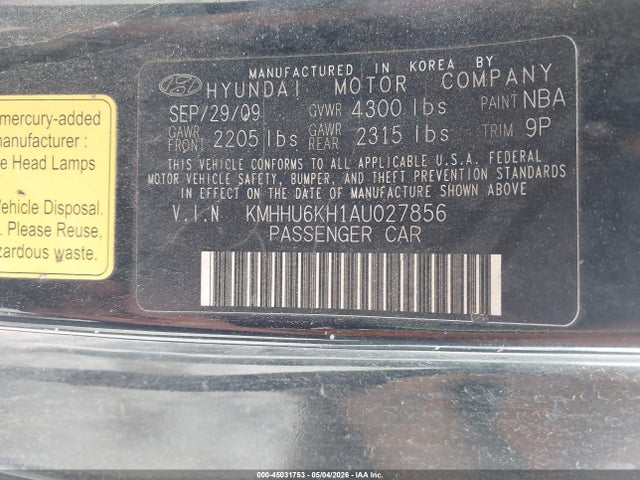 2010 Hyundai Genesis 3.8 Track მანქანა იყიდება აუქციონზე, vin: KMHHU6KH1AU027856, აუქციონის ნომერი: 45031753