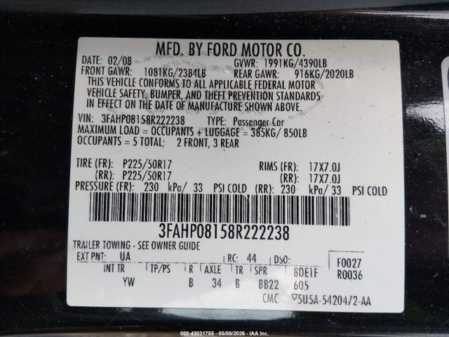 Продажа на аукционе авто 2008 Ford Fusion Sel, vin: 3FAHP08158R222238, номер лота: 45031755