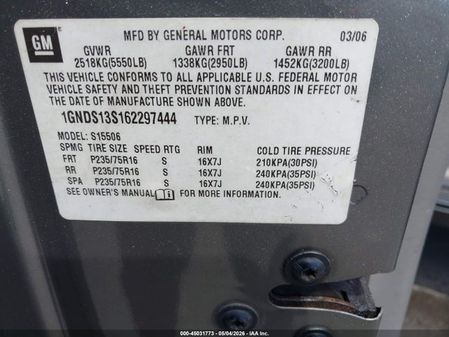 45031773 :رقم المزاد ، 1GNDS13S162297444 vin ، 2006 Chevrolet Trailblazer Ls مزاد بيع