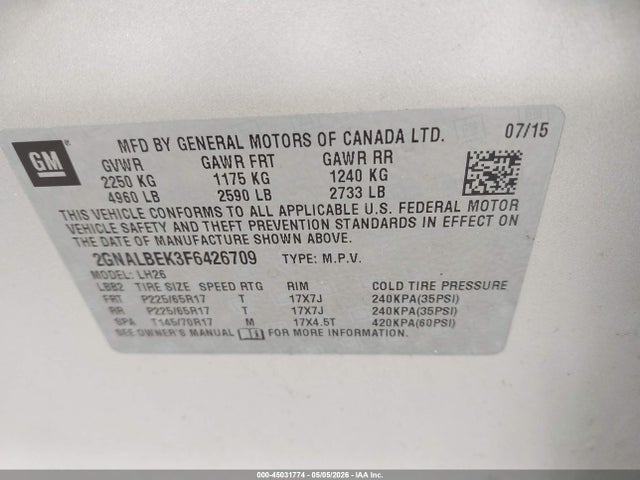 Продаж на аукціоні авто 2015 Chevrolet Equinox 1lt, vin: 2GNALBEK3F6426709, номер лоту: 45031774