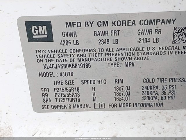 45031784 :رقم المزاد ، KL4CJASB0KB819185 vin ، 2019 Buick Encore Fwd Preferred مزاد بيع