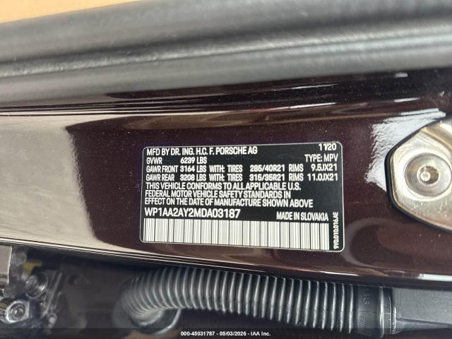 2021 Porsche Cayenne მანქანა იყიდება აუქციონზე, vin: WP1AA2AY2MDA03187, აუქციონის ნომერი: 45031787