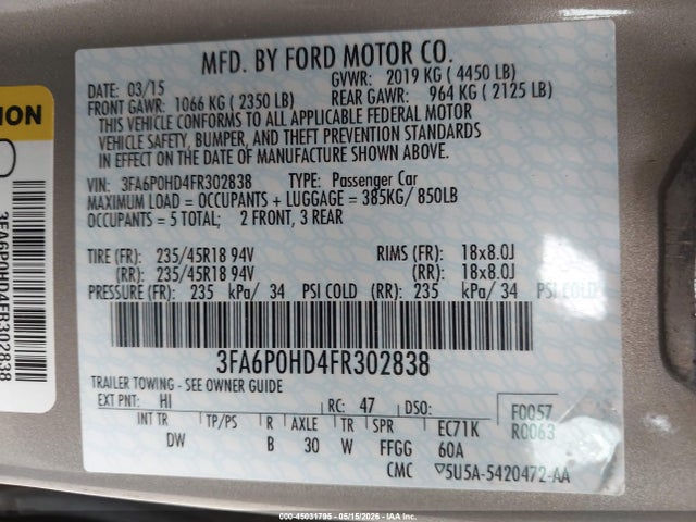 Продажа на аукционе авто 2015 Ford Fusion Se, vin: 3FA6P0HD4FR302838, номер лота: 45031795