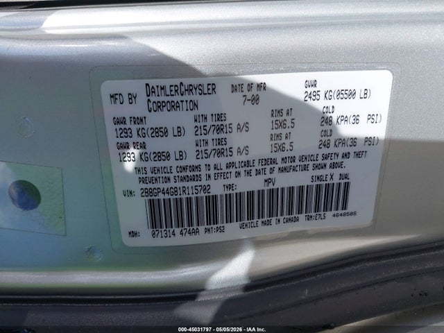 Продажа на аукционе авто 2001 Dodge Grand Caravan Sport, vin: 2B8GP44G81R115702, номер лота: 45031797