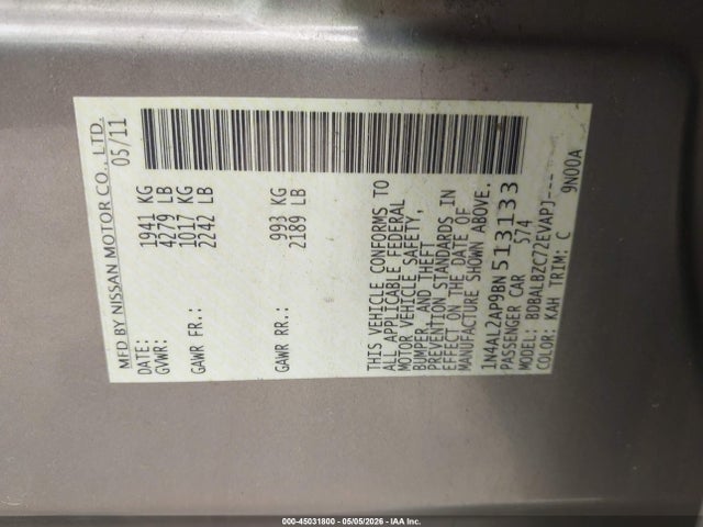 2011 Nissan Altima 2.5 S მანქანა იყიდება აუქციონზე, vin: 1N4AL2AP9BN513133, აუქციონის ნომერი: 45031800
