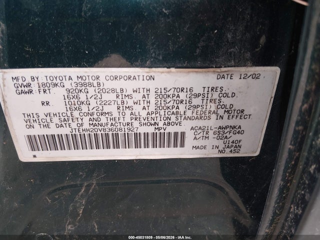 45031809 :رقم المزاد ، JTEHH20V836081927 vin ، 2003 Toyota Rav4 مزاد بيع