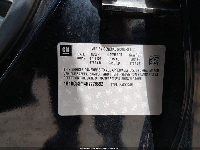 Продажа на аукционе авто 2017 Chevrolet Cruze Ls Auto, vin: 1G1BC5SM4H7278392, номер лота: 45031817