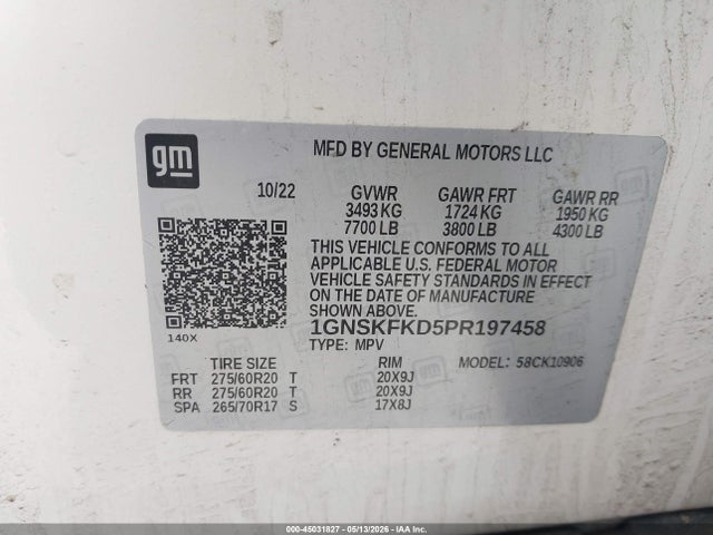 2023 Chevrolet Suburban 4wd Premier მანქანა იყიდება აუქციონზე, vin: 1GNSKFKD5PR197458, აუქციონის ნომერი: 45031827