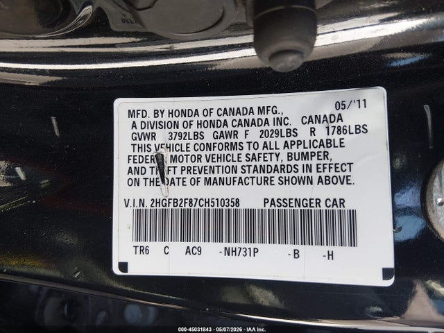 45031843 :رقم المزاد ، 2HGFB2F87CH510358 vin ، 2012 Honda Civic Ex مزاد بيع