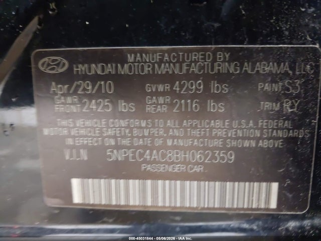 Aukcja sprzedaży 2011 Hyundai Sonata Se, vin: 5NPEC4AC8BH062359, numer aukcji: 45031844