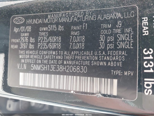 45031851 :رقم المزاد ، 5NMSH13E38H206830 vin ، 2008 Hyundai Santa Fe Limited/se مزاد بيع