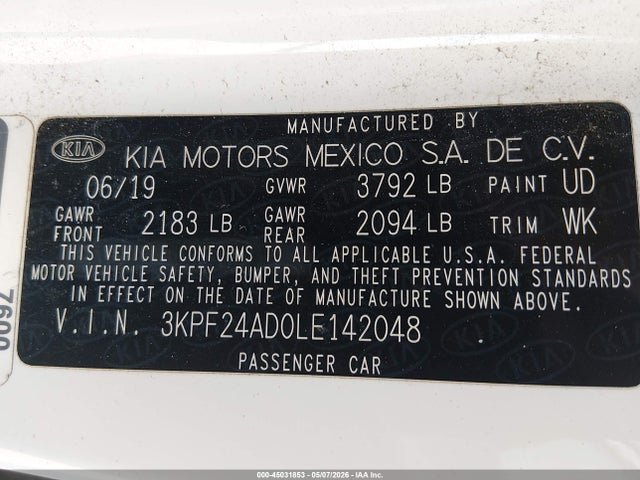 Aukcja sprzedaży 2020 Kia Forte Fe, vin: 3KPF24AD0LE142048, numer aukcji: 45031853