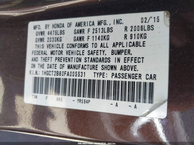 Honda ACCORD EXL 2015 1HGCT2B80FA005531 Image 9