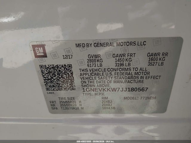 Продаж на аукціоні авто 2018 Chevrolet Traverse High Country, vin: 1GNEVKKW7JJ180567, номер лоту: 45031855