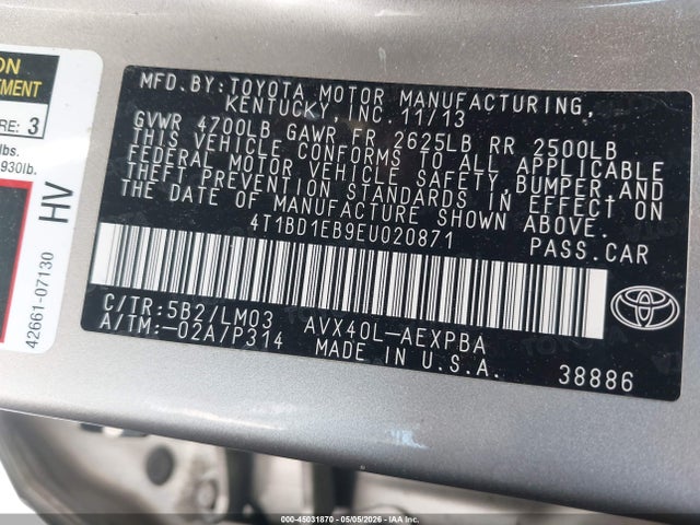 Aukcja sprzedaży 2014 Toyota Avalon Hybrid Limited, vin: 4T1BD1EB9EU020871, numer aukcji: 45031870