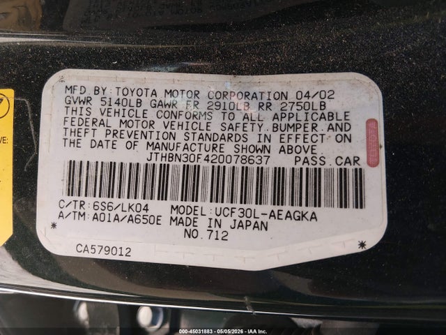 45031883 :رقم المزاد ، JTHBN30F420078637 vin ، 2002 Lexus Ls 430 مزاد بيع