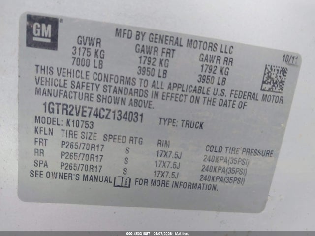 Продажа на аукционе авто 2012 Gmc Sierra 1500 Sle, vin: 1GTR2VE74CZ134031, номер лота: 45031887