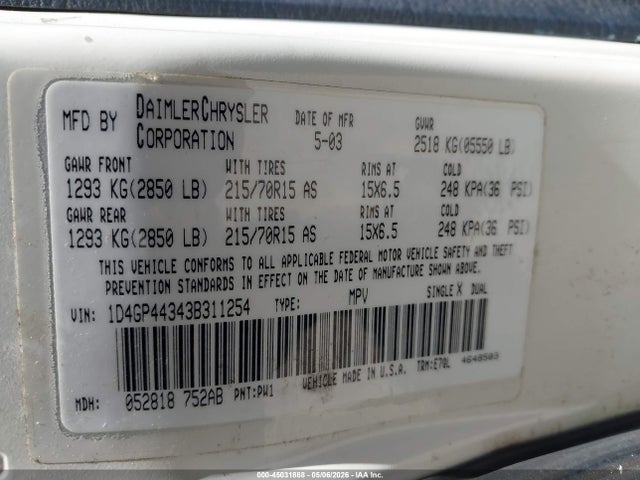 Продажа на аукционе авто 2003 Dodge Grand Caravan Sport, vin: 1D4GP44343B311254, номер лота: 45031888