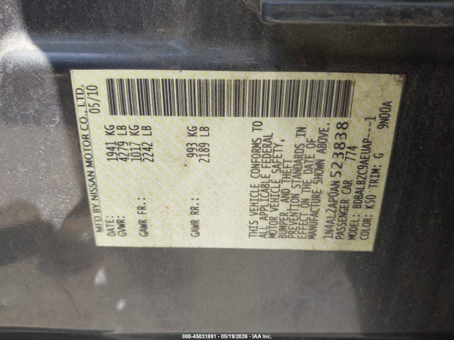 Aukcja sprzedaży 2010 Nissan Altima 2.5 S, vin: 1N4AL2AP0AN523838, numer aukcji: 45031891