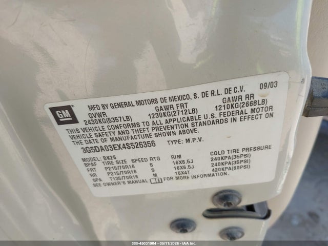 45031904 :رقم المزاد ، 3G5DA03EX4S526356 vin ، 2004 Buick Rendezvous Cx مزاد بيع