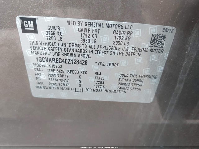 2014 Chevrolet Silverado 1500 2lt მანქანა იყიდება აუქციონზე, vin: 1GCVKREC4EZ128428, აუქციონის ნომერი: 45031912