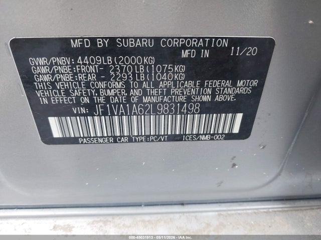 Продажа на аукционе авто 2020 Subaru Wrx, vin: JF1VA1A62L9831498, номер лота: 45031913