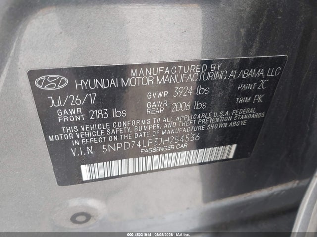 45031914 :رقم المزاد ، 5NPD74LF3JH254536 vin ، 2018 Hyundai Elantra Se مزاد بيع