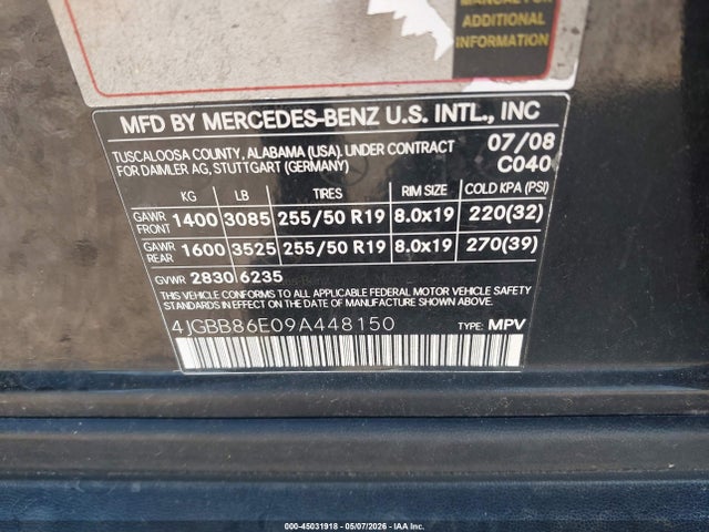 Продажа на аукционе авто 2009 Mercedes-benz Ml 350 4matic, vin: 4JGBB86E09A448150, номер лота: 45031918