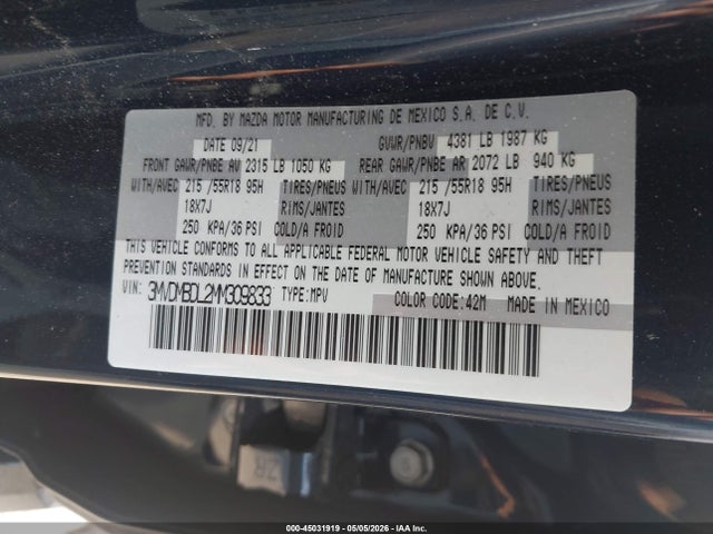 2021 Mazda Cx-30 Premium მანქანა იყიდება აუქციონზე, vin: 3MVDMBDL2MM309833, აუქციონის ნომერი: 45031919