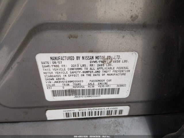 Продажа на аукционе авто 2008 Infiniti G35 Journey, vin: JNKBV61E98M200403, номер лота: 45031926