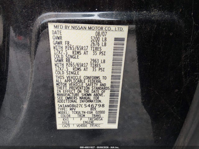 Aukcja sprzedaży 2007 Nissan Xterra Se, vin: 5N1AN08U27C546798, numer aukcji: 45031927