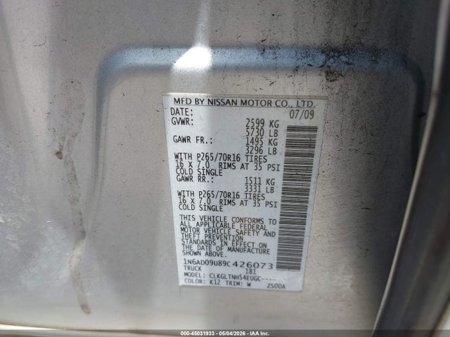 Продажа на аукционе авто 2009 Nissan Frontier Se, vin: 1N6AD09U89C426073, номер лота: 45031933