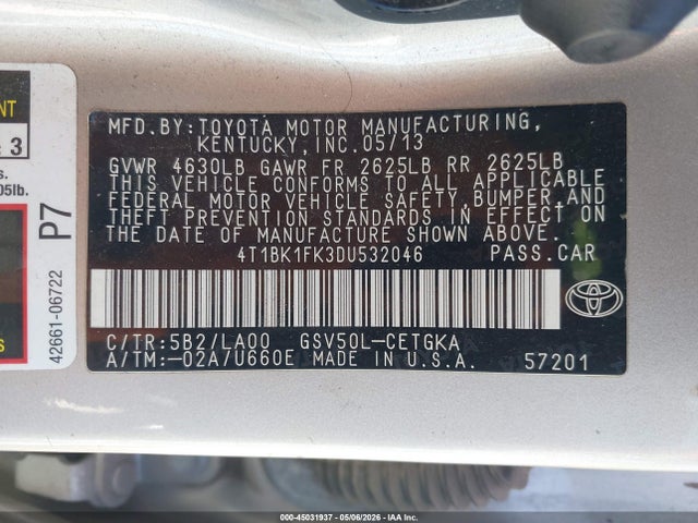Aukcja sprzedaży 2013 Toyota Camry Xle V6, vin: 4T1BK1FK3DU532046, numer aukcji: 45031937