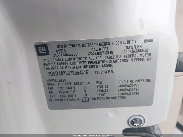 Aukcja sprzedaży 2007 Buick Rendezvous Cxl, vin: 3G5DA03L27S554316, numer aukcji: 45031941