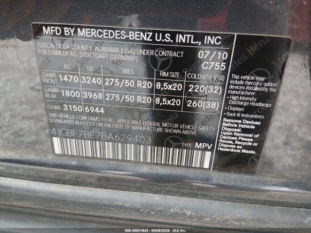 45031943 :رقم المزاد ، 4JGBF7BE7BA629403 vin ، 2011 Mercedes-benz Gl 450 4matic مزاد بيع