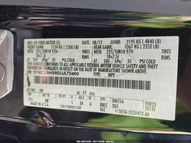 Продажа на аукционе авто 2013 Ford Escape Sel, vin: 1FMCU9H99DUA79400, номер лота: 45031948