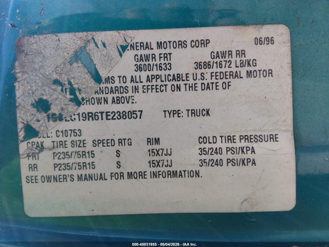 Продаж на аукціоні авто 1996 Chevrolet Gmt-400 C1500, vin: 1GCEC19R6TE238057, номер лоту: 45031955