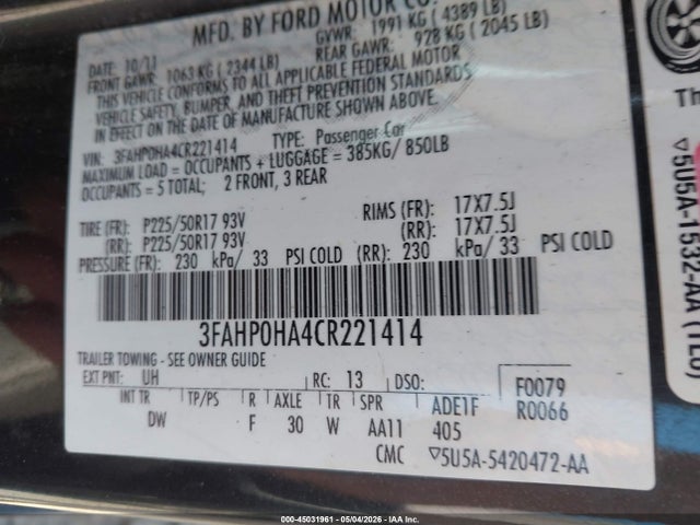 Продаж на аукціоні авто 2012 Ford Fusion Se, vin: 3FAHP0HA4CR221414, номер лоту: 45031961