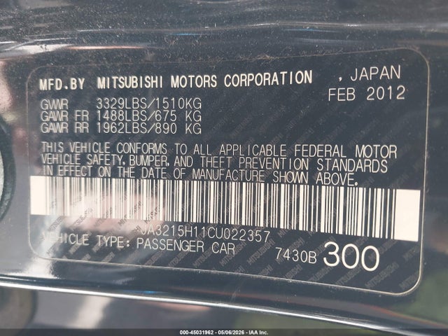 Продаж на аукціоні авто 2012 Mitsubishi I-miev Es/se, vin: JA3215H11CU022357, номер лоту: 45031962