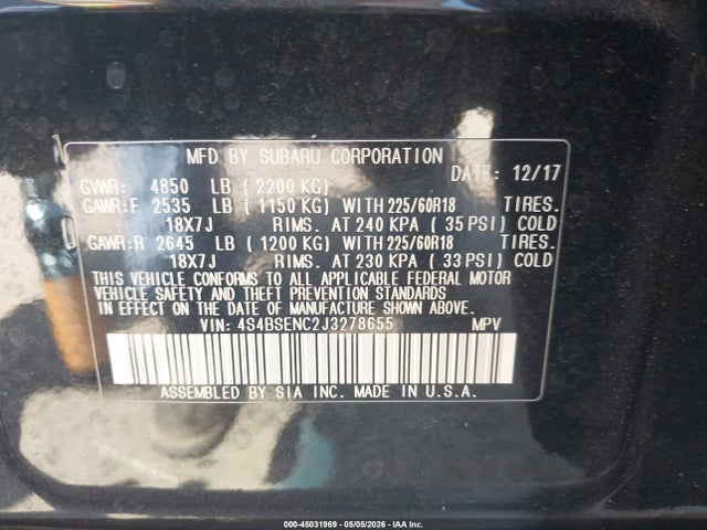 Продажа на аукционе авто 2018 Subaru Outback 3.6r Limited, vin: 4S4BSENC2J3278655, номер лота: 45031969