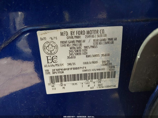 Продаж на аукціоні авто 2015 Ford Edge Titanium, vin: 2FMPK4K81FBB57171, номер лоту: 45031971