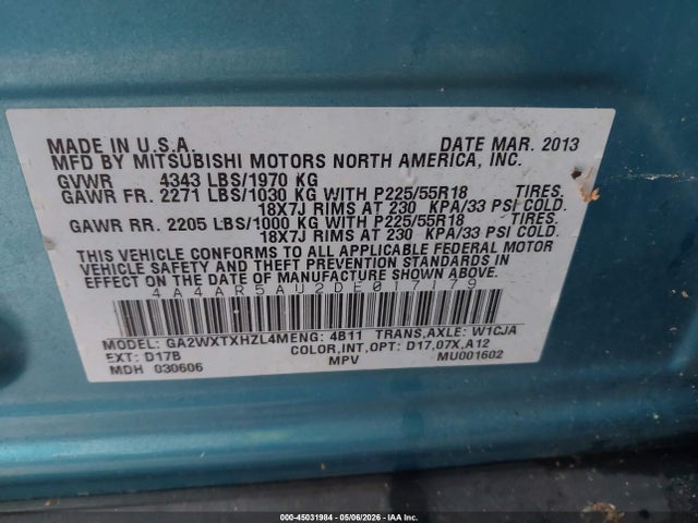 Aukcja sprzedaży 2013 Mitsubishi Outlander Sport Le, vin: 4A4AR5AU2DE017179, numer aukcji: 45031984